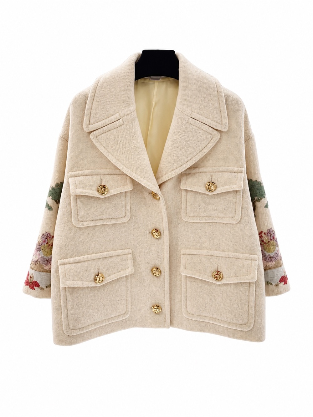 Gucci Cream Wool Peacoat with Embroidered Floral Sleeves and Gold Buttons